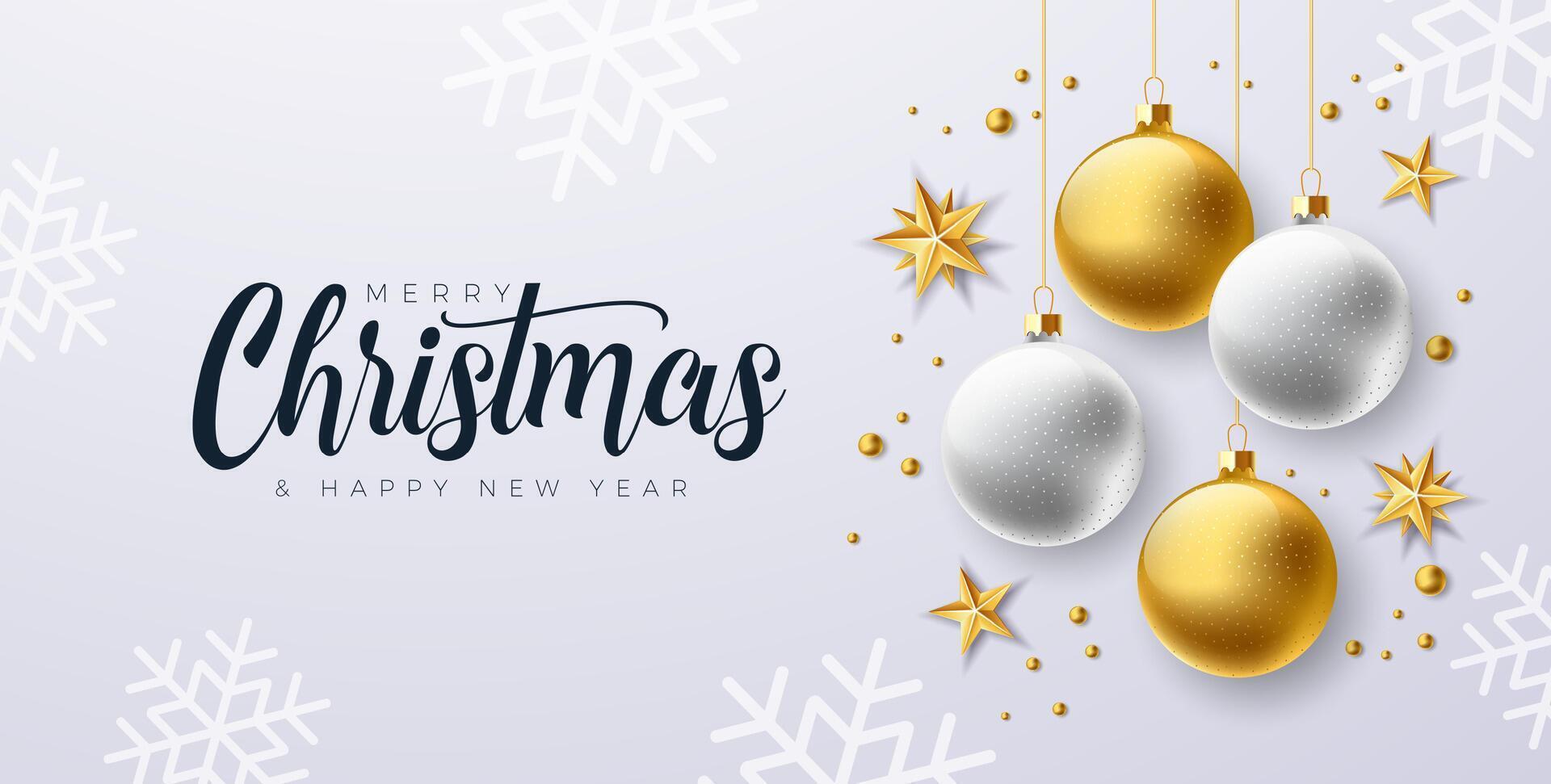 Merry Christmas and Happy New Year Banner with Gold and White Glass Ball and Typography Letter on Clean Background. Holiday Season Design for Greeting Card, Party Flyer, Celebration Poster and vector