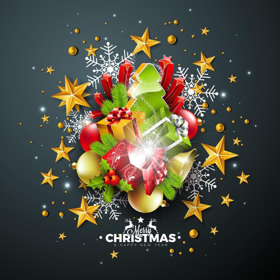 Merry Christmas and Happy New Year Banner Design with Gold Glass Ball, Star, Gift Box and Fir Branch on Black Background. Holiday Season Illustration with Typography Letter for Greeting Card vector