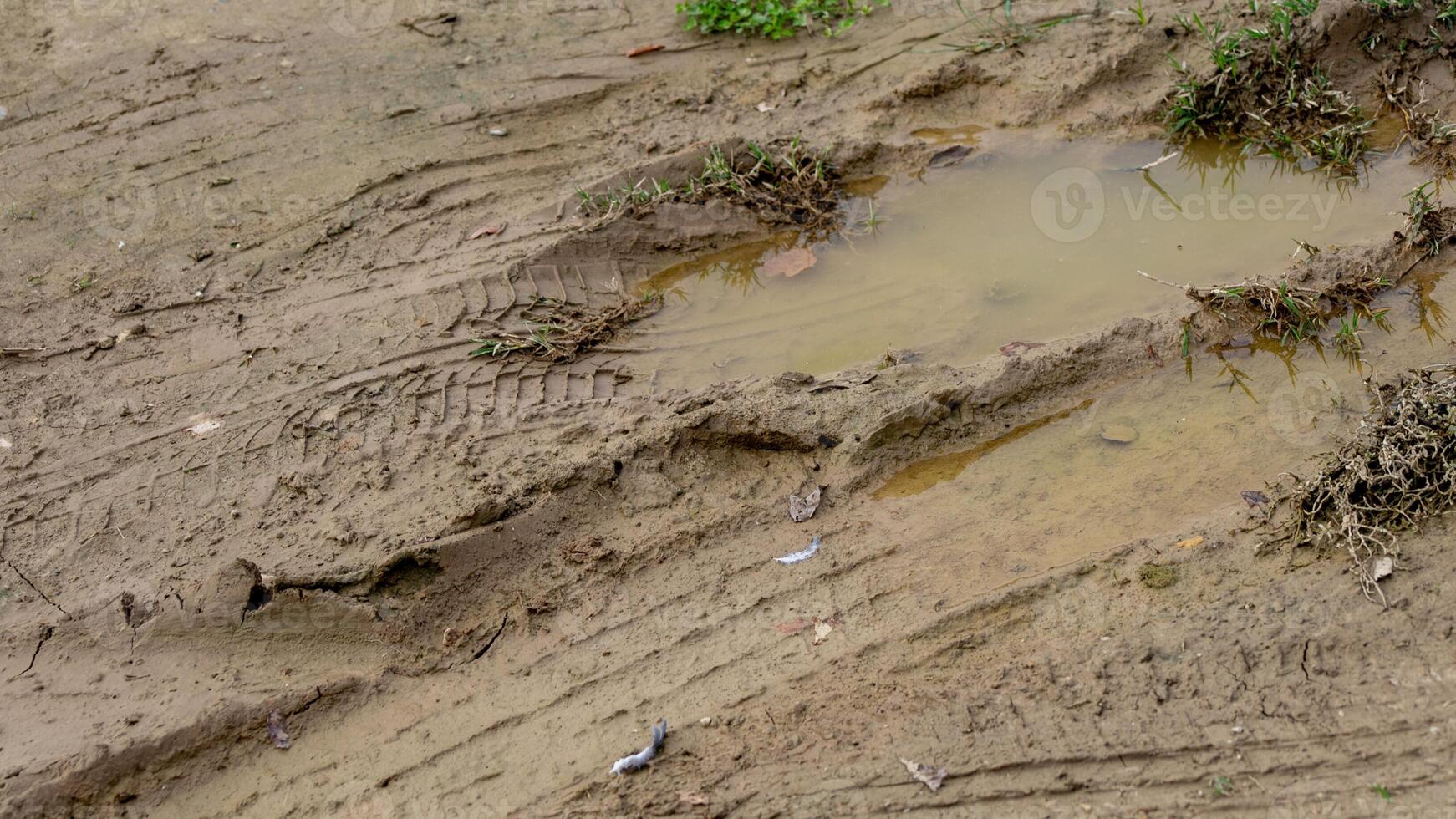 Muddy trail with tire tracks and puddles, highlighting challenges of bad weather effects on rural roads and transportation photo