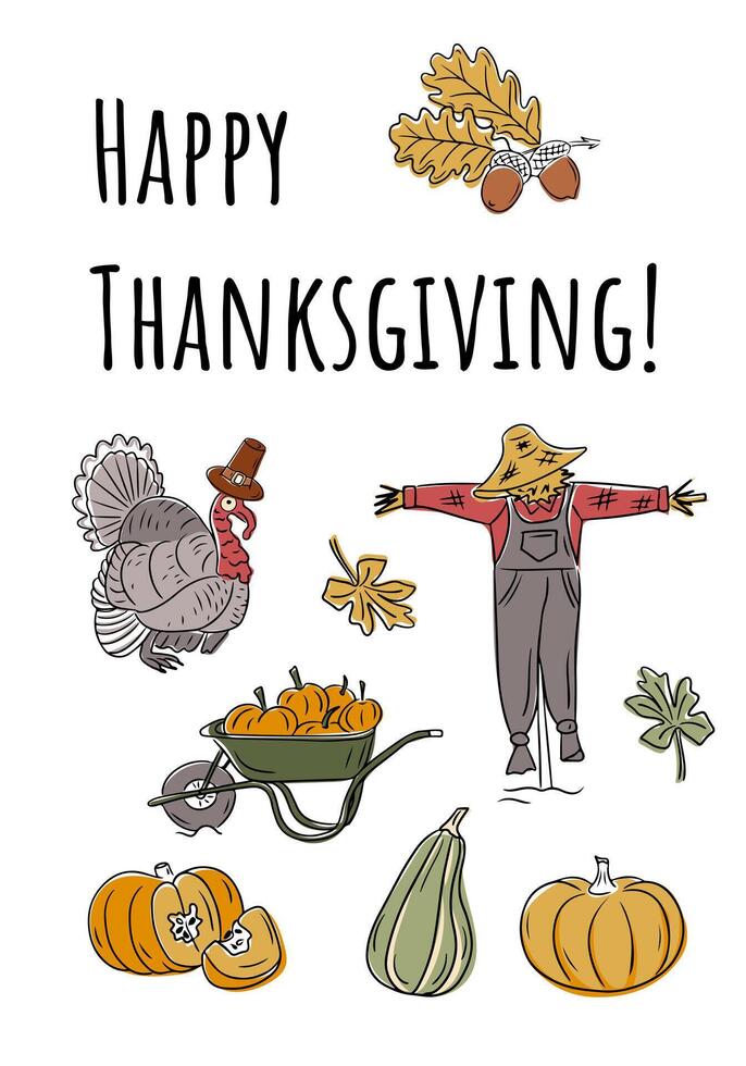 Thanksgiving vertical banner with doodle illustrations with turkey, scarecrow, pumpkins, leaves, and a wheelbarrow, creating a cheerful and seasonal holiday greeting. Hand drawn composition vector