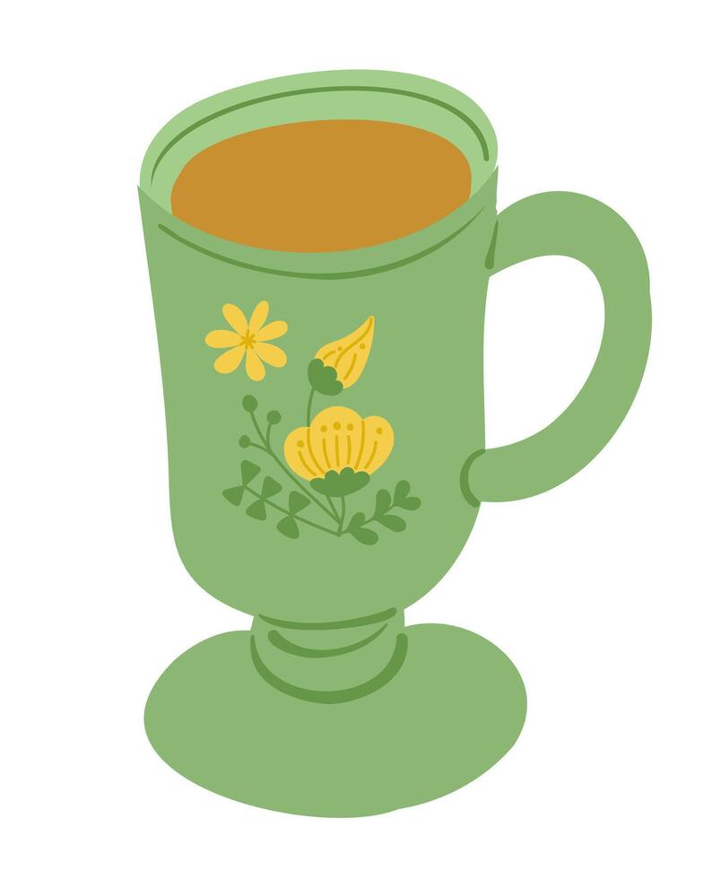 Green tea cup illustration with floral design with warm tea inside and simple botanical elements on the surface vector