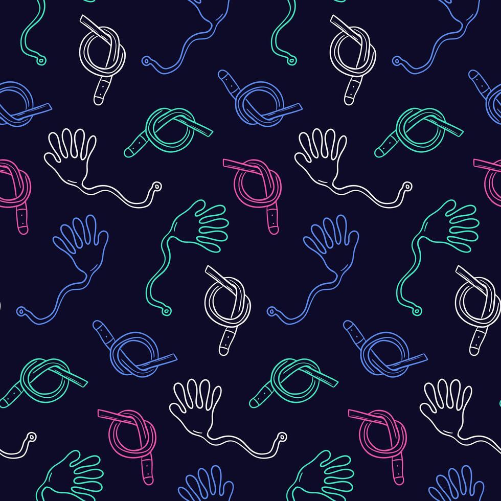 Seamless retro toy pattern with classic stretchy hands and rubber pencil in vibrant neon outlines on dark background. 90s style vintage illustration for wallpaper, textile or wrapping vector