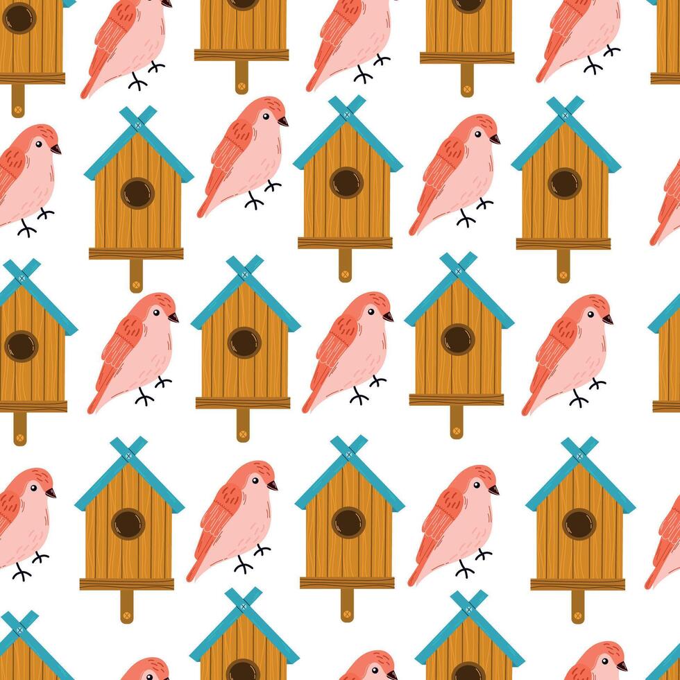 Birdhouse with a bird. Beautiful birdie. Cartoon illustration seamless pattern isolated on white background vector