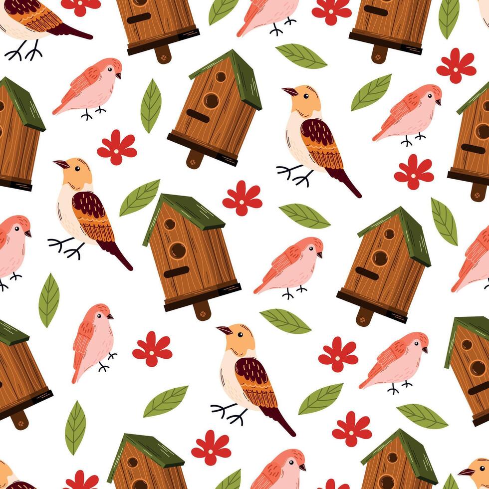 Birdhouse with a bird. Beautiful birdie. Cartoonr illustration seamless pattern isolated on white background vector