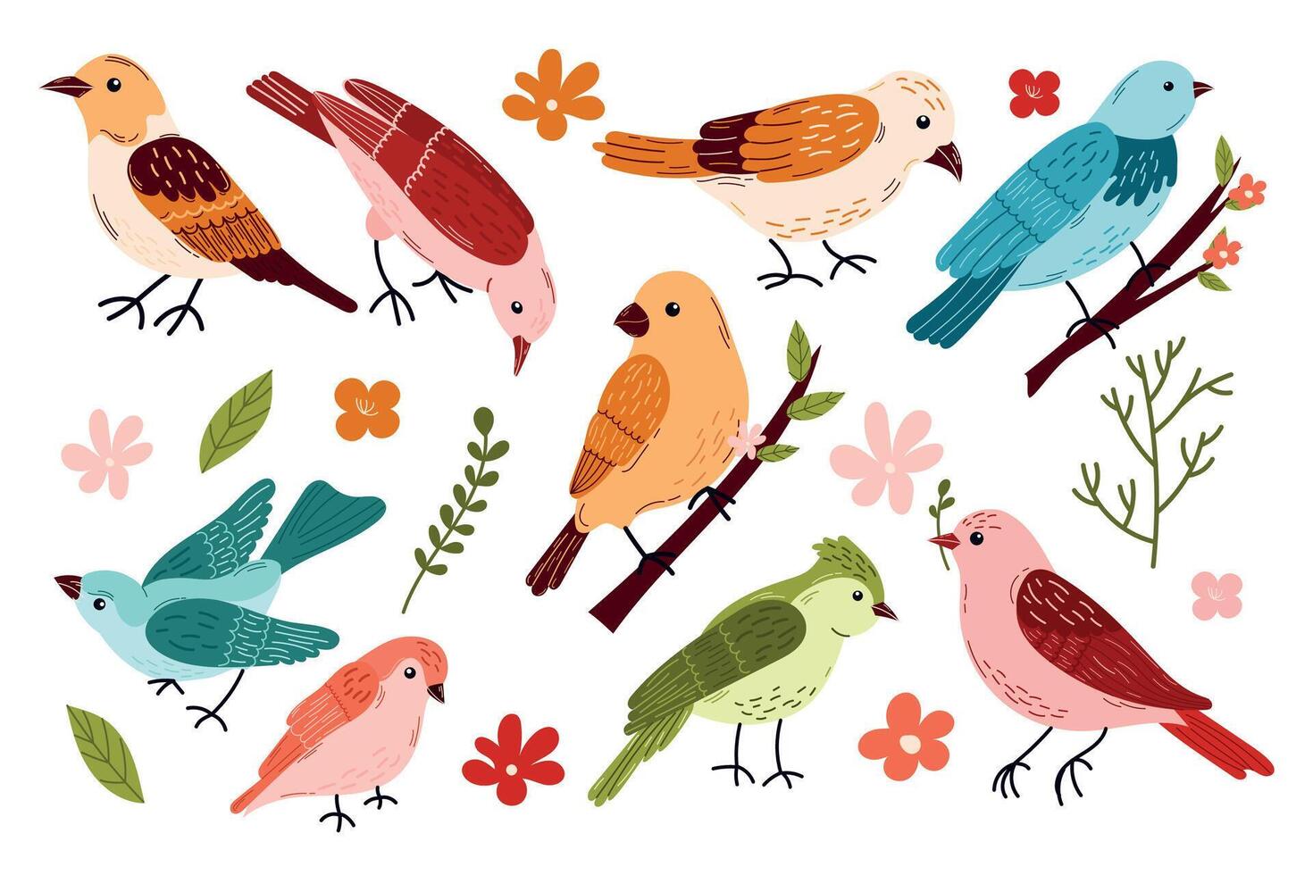 Spring birds set. Different beautiful birdie with flowers and branch. The birds are arranged in a row, with some of them facing left and others facing right. vector
