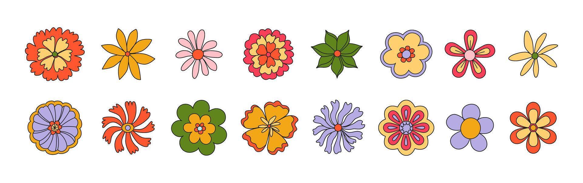 70s groovy hippie flowers. Retro psychedelic daisy, chamomile. Flower power. Trippy floral botanical stickers. Good vibes only. isolated on white. vector