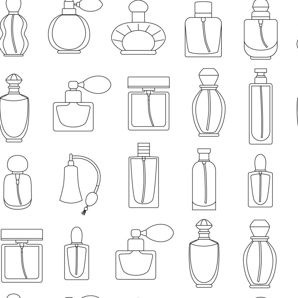 Linear fragrance bottles seamless pattern. Pump perfume bottle. Essence, toiletry flask. Vintage. Line art. Outline background, wallpaper, digital paper. . vector