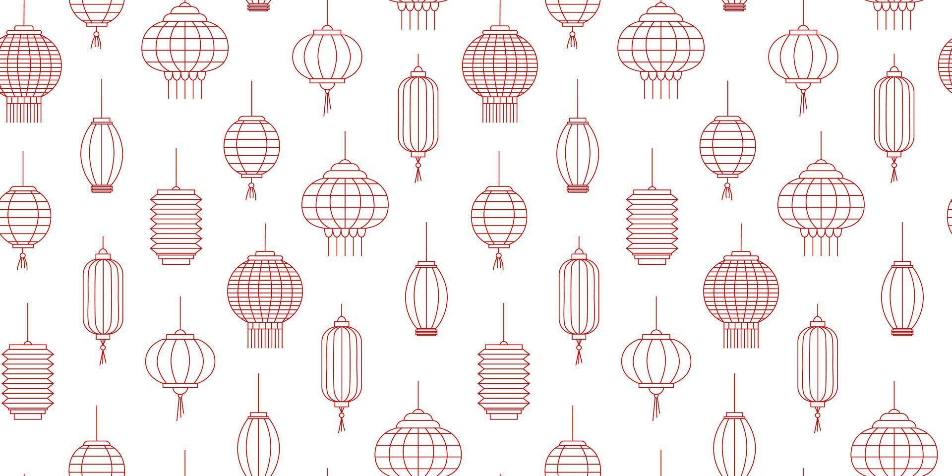 Linear Chinese lanterns seamless pattern. Hanging lamps. Chinese New Year. Chinese spring festival. Background, banner, wallpaper. Line art. . vector