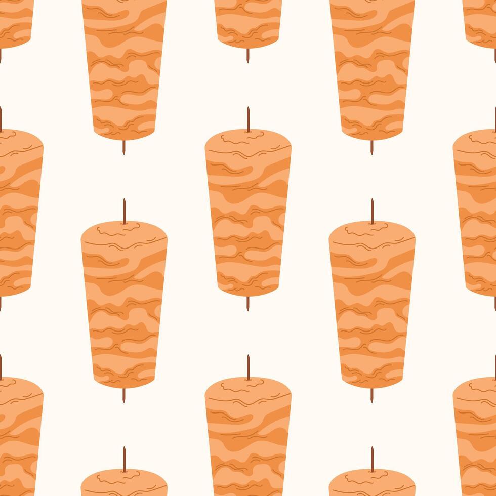 flat Illustration of a Turkish Doner Kebab Meat Stack on a Vertical Spit. Seamless pattern, Perfect for use in culinary designs, menus, and cultural projects. vector