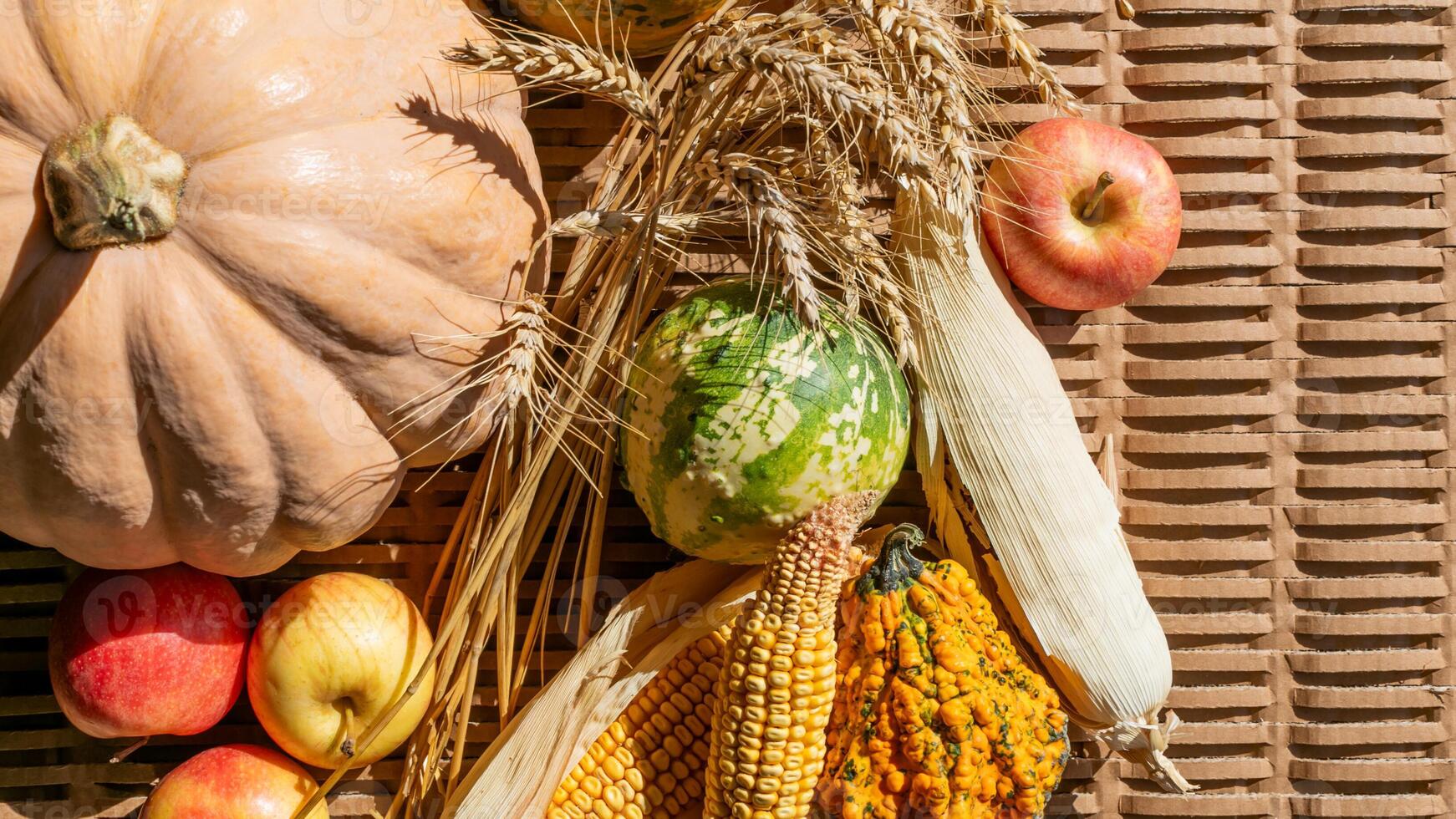 A vibrant autumn harvest arrangement featuring pumpkins, apples, corn, and wheat symbolizing Thanksgiving and the celebration of abundance photo
