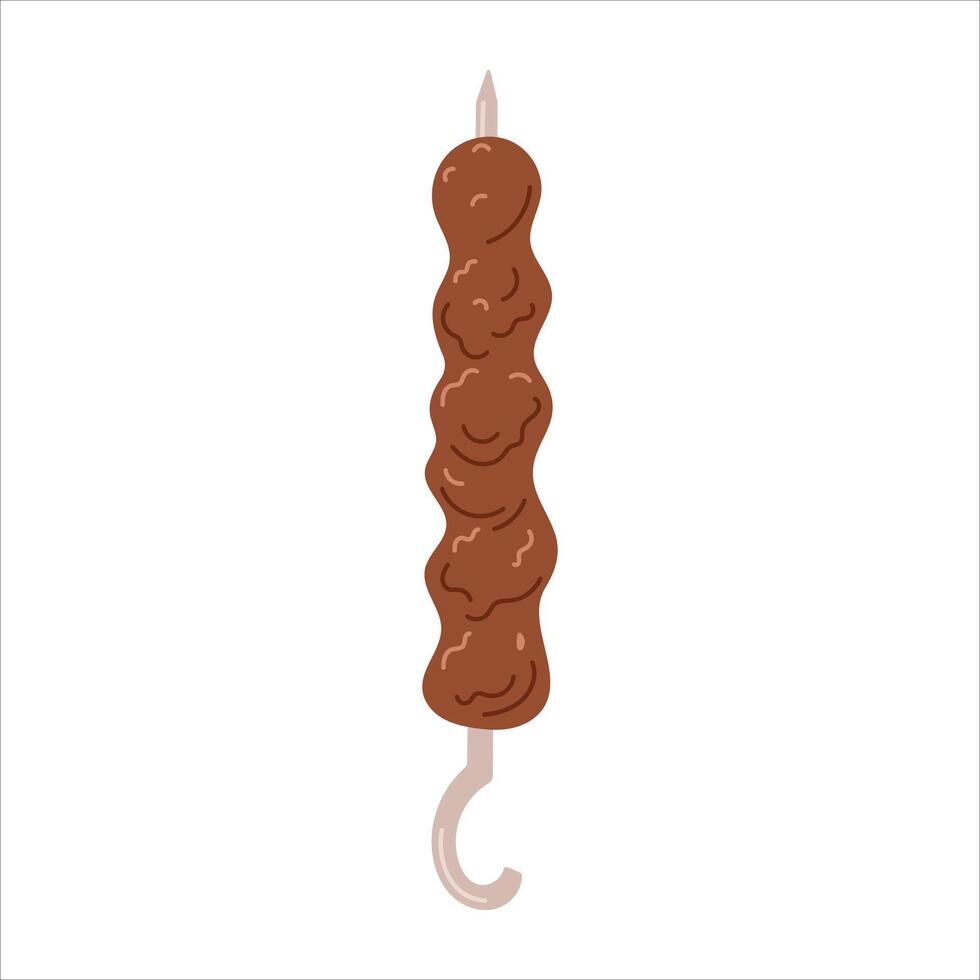 Traditional Turkish national dish, meat lula kebab. Beef or lamb on a skewer, grilled on coals. isolated flat food illustration. vector