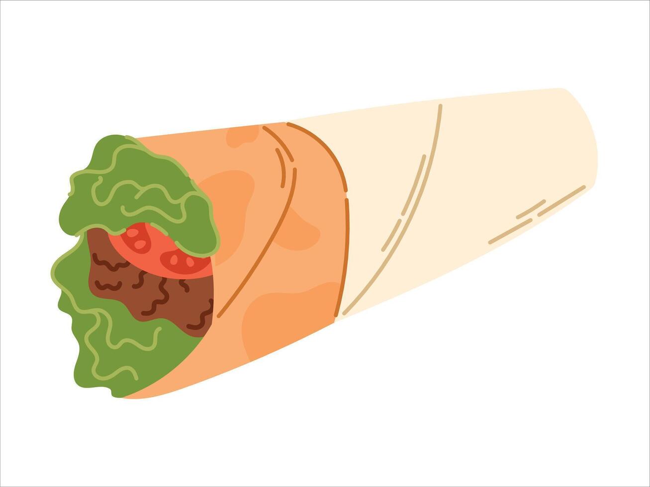 Isolated flat Illustration of Doner Wrap with Fresh Vegetables. Traditional Turkish food with vibrant ingredients, herbs and tomatoes. Element for food design, menu. vector