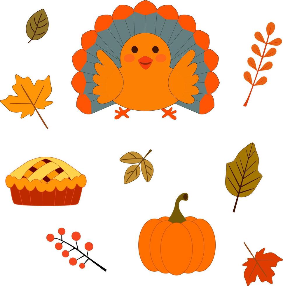 Thanksgiving Day Turkey, Pie, Pumpkin With Autumn Leaves Elements in Flat Style Illustration. Traditional Thanksgiving Food And Seasonal Foliage for Decoration, Invitations. illustration vector