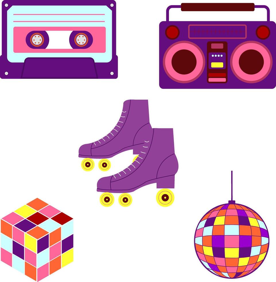 Retro Party Elements. Purple Rollers, Cassette, Boombox, Disco Ball Backdrop. Trendy Hipster Design for Electronic Music Fans, Highlighting 80s and 90s Culture in a Retro. illustration vector