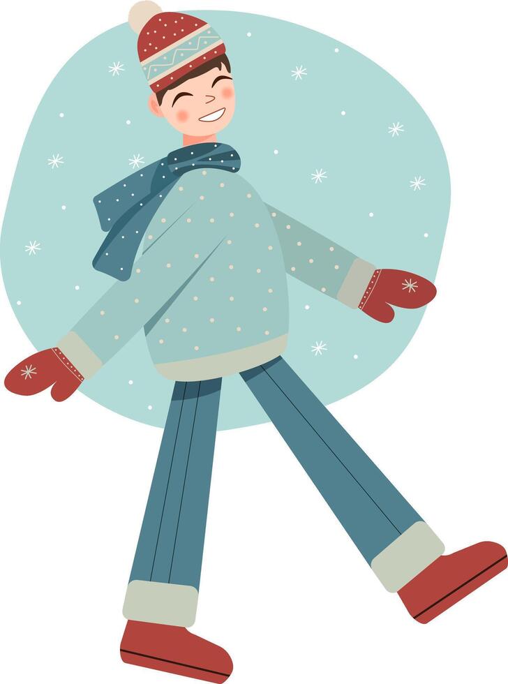 Cheerful boy in winter clothes, warm hat, red mittens, blue scarf, boots. Festive Christmas and Winter Illustration. Holiday decoration for seasonal greetings, holiday cards. illustration vector
