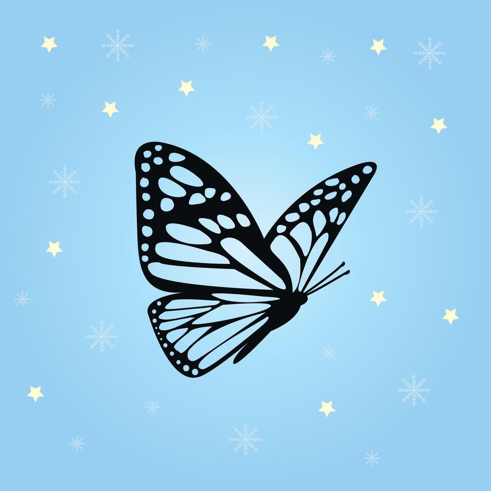 Blue background with butterfly, stars, snowflakes. Winter and festive spirit of Christmas for elegant decorations, wrapping paper, digital wallpapers. illustration vector