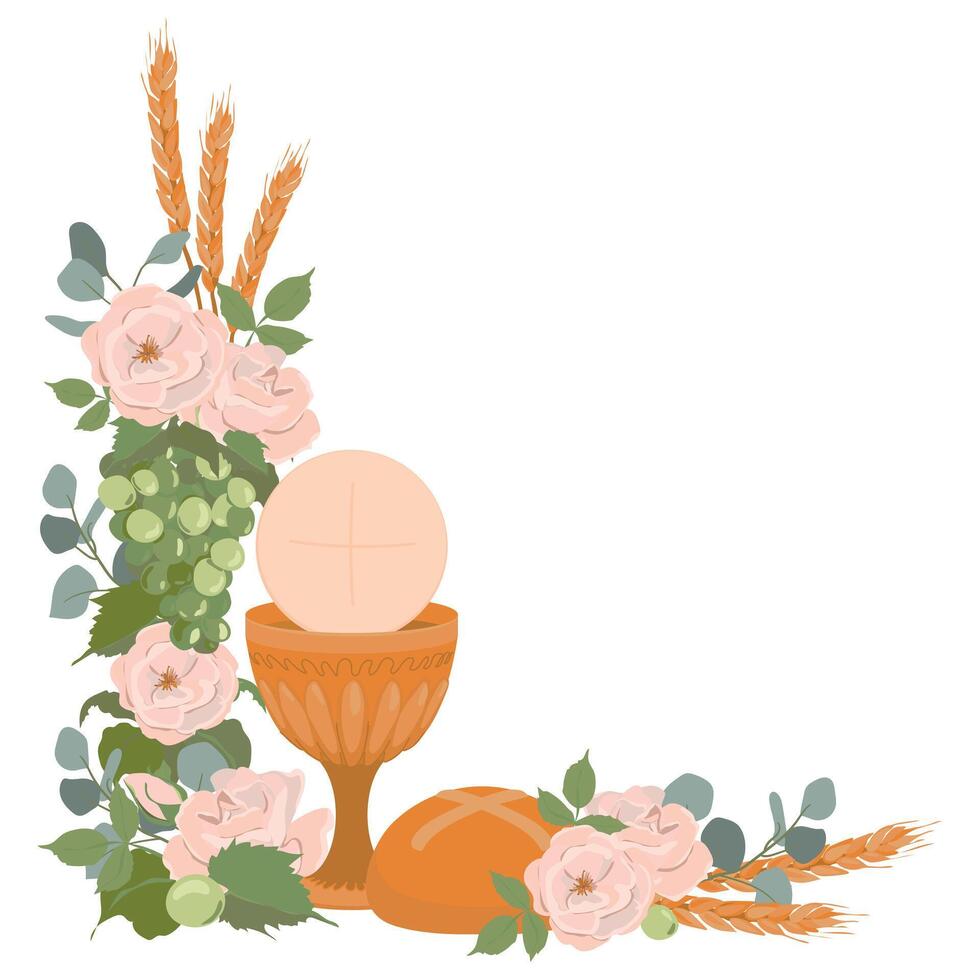 Catholic First Communion. . Golden bowl for wine, bread, wine, grapes, white roses. Elements for beautiful invitation design. Festively decorated altar. vector