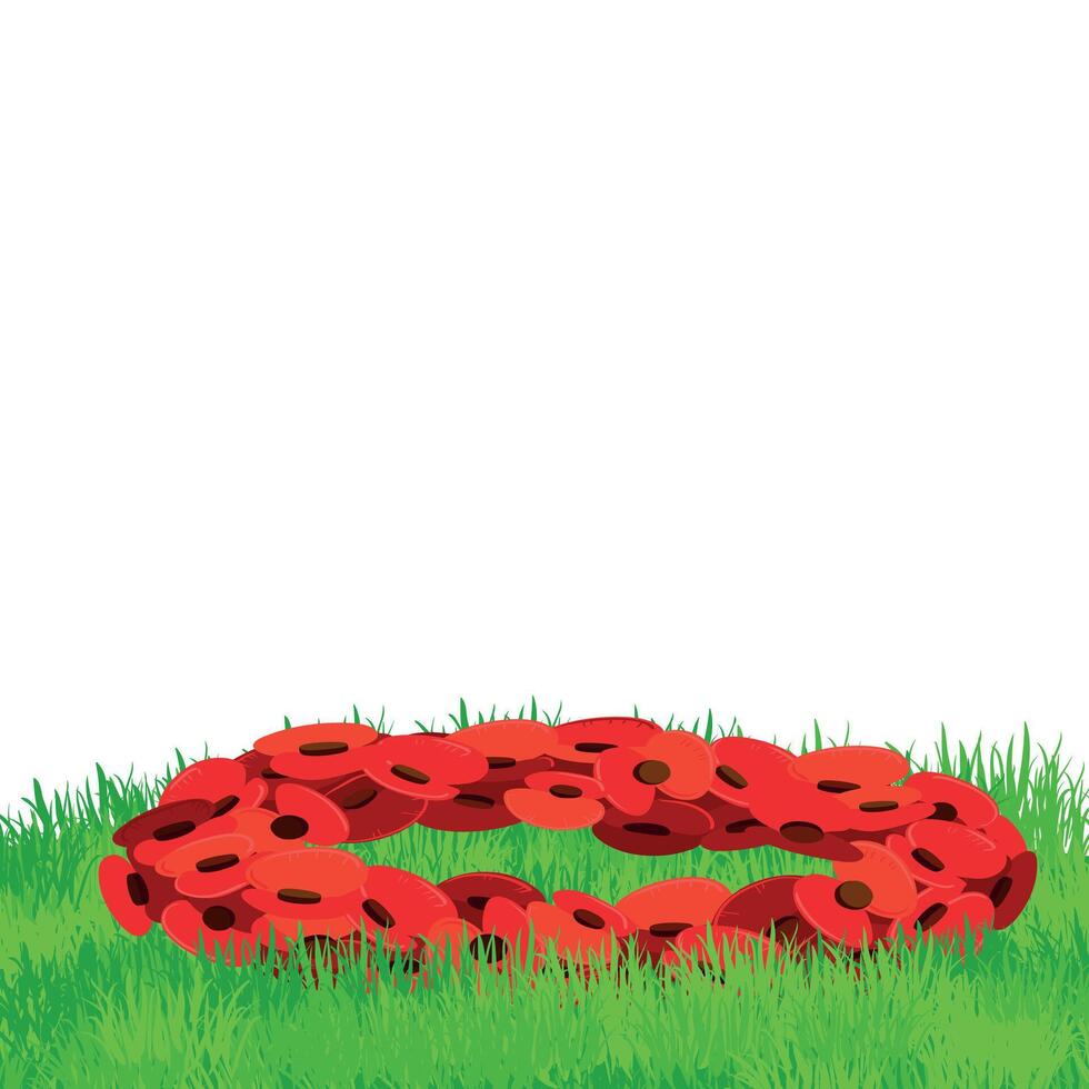 Traditional symbol of ANZAC Day on April 25, 2025. Memory and respect for fallen soldiers. illustration for Poppy Day in the UK. A wreath of paper poppies lies on green grass. Flat style. vector