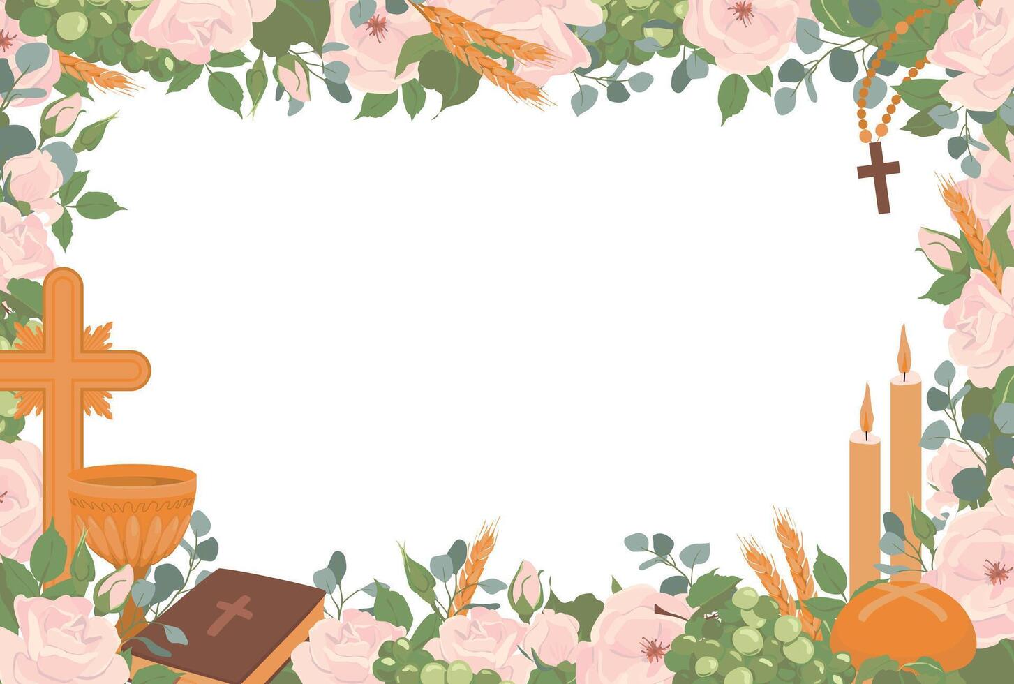 Rectangular horizontal frame with First Communion symbols. . Golden wine cup, Grail, bread, Bible, rosary, wine, white roses, candles and crucifix. Clipart for First Communion invitations. vector