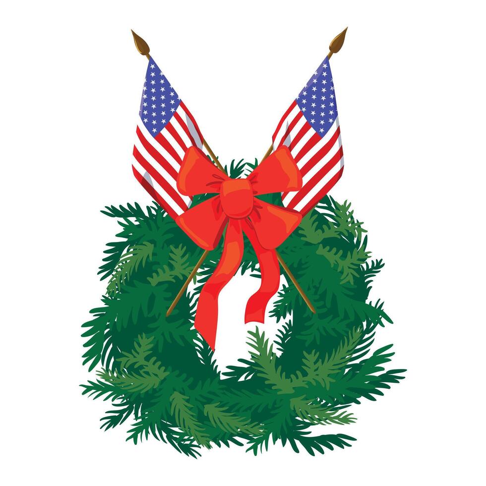 Decoration for National Wreath through America Day. wreath of evergreen branches and US flags. Traditional memorial day for heroes at the national cemetery in December. illustration. vector