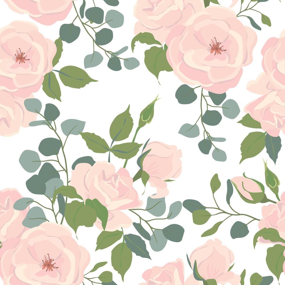 Seamless pattern of light pink roses and eucalyptus branches. background of beautiful flowers, buds, leaves. Flat style illustrations for wedding invitations, greeting cards. vector