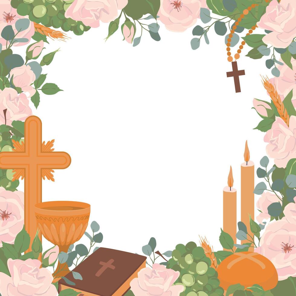 Square frame with First Communion symbols. . Golden wine cup, Grail, bread, Bible, rosary, wine, white roses, candles and crucifix. Clipart for First Communion invitations. vector