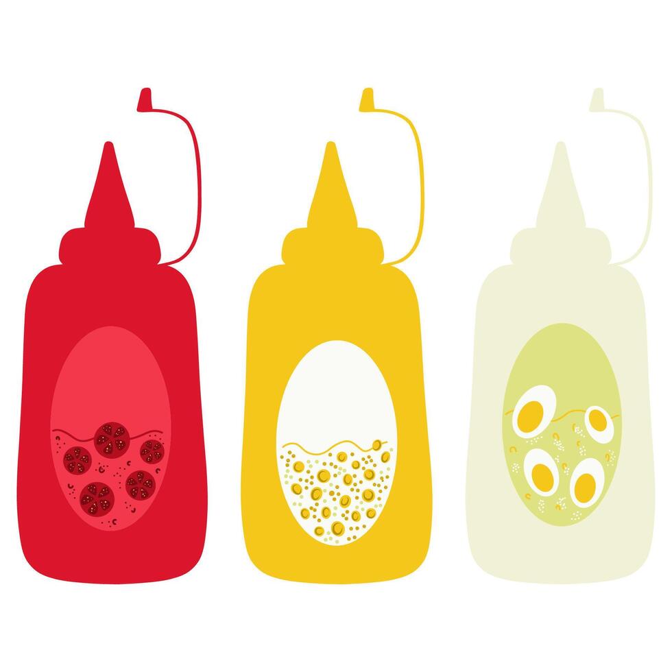 Ketchup, mayonnaise and mustard bottles isolated on white background, sauce bottles set vector