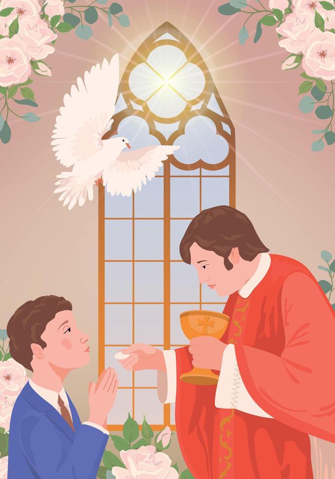 A boy in a suit during the first communion. A priest holds bread, a manifestation of the holy spirit in the form of a white radiant dove. Church member receiving the Eucharist vector
