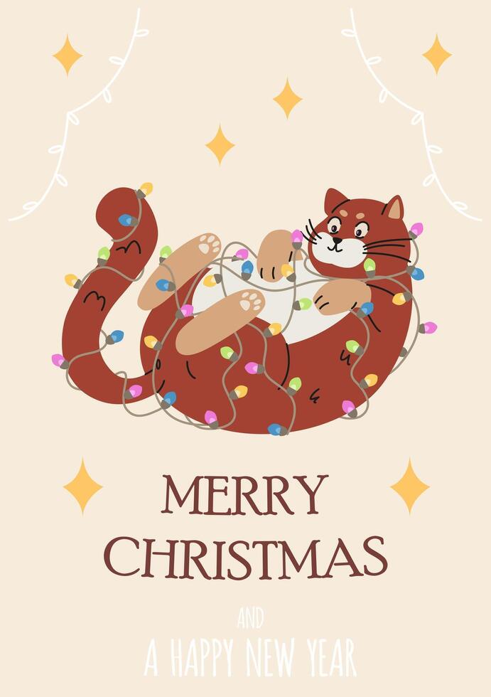 Merry Christmas card with funny plump cat playing with Christmas garland flat illustration. vector