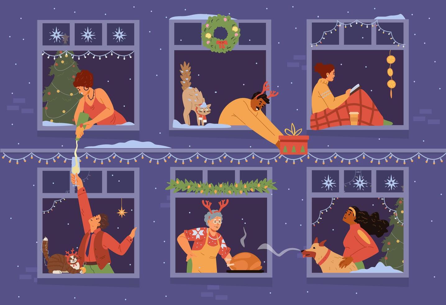 Christmas banner with people in windows celebrating flat illustrations. House front with neighbors and their pets in windows communicating. Pouring champagne, giving gift, reading book, cooking vector