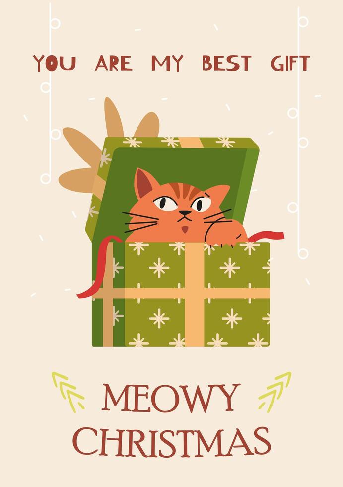 Merry Christmas greeting card with cute cat sitting in a gift box illustration. vector