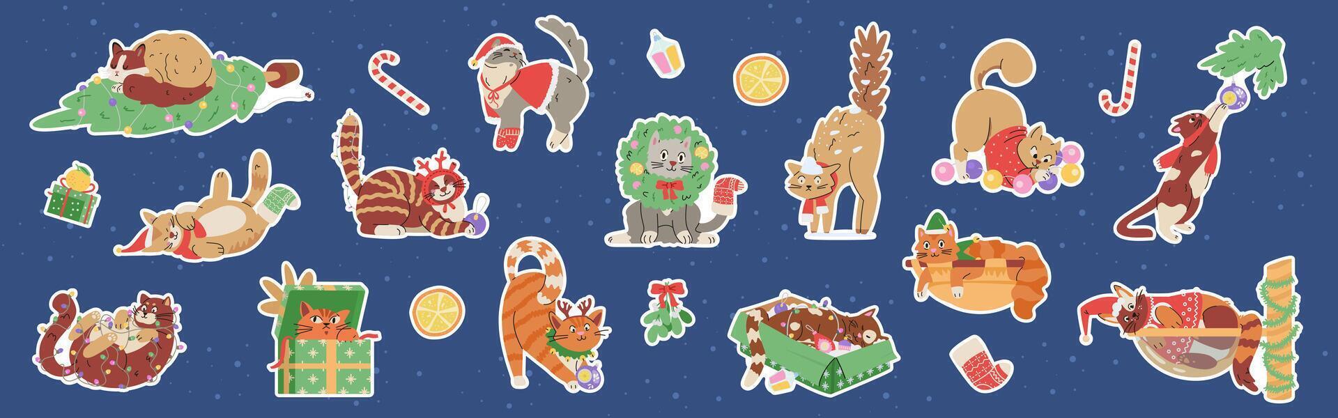 Christmas funny cats flat stickers set. Cute cats in sweaters and scarfs, deer antlers and wreath playing with garlands, Christmas toys and tree. vector