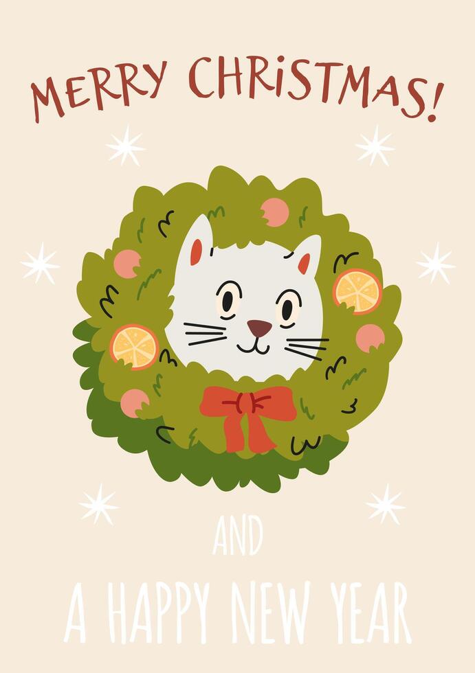 Merry Christmas and a happy new year greeting card with cute white cat in Christmas wreath illustration. vector