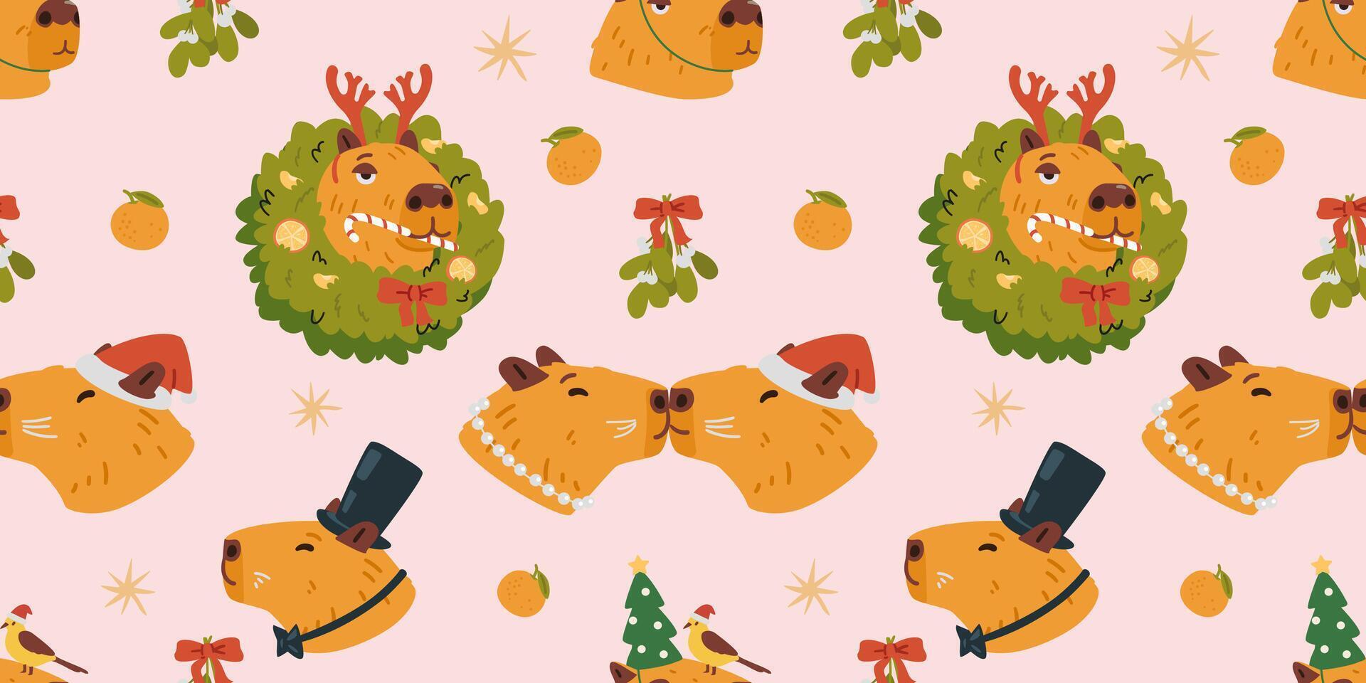 Christmas seamless pattern with funny capybaras heads in Christmas outfit illustrations. vector