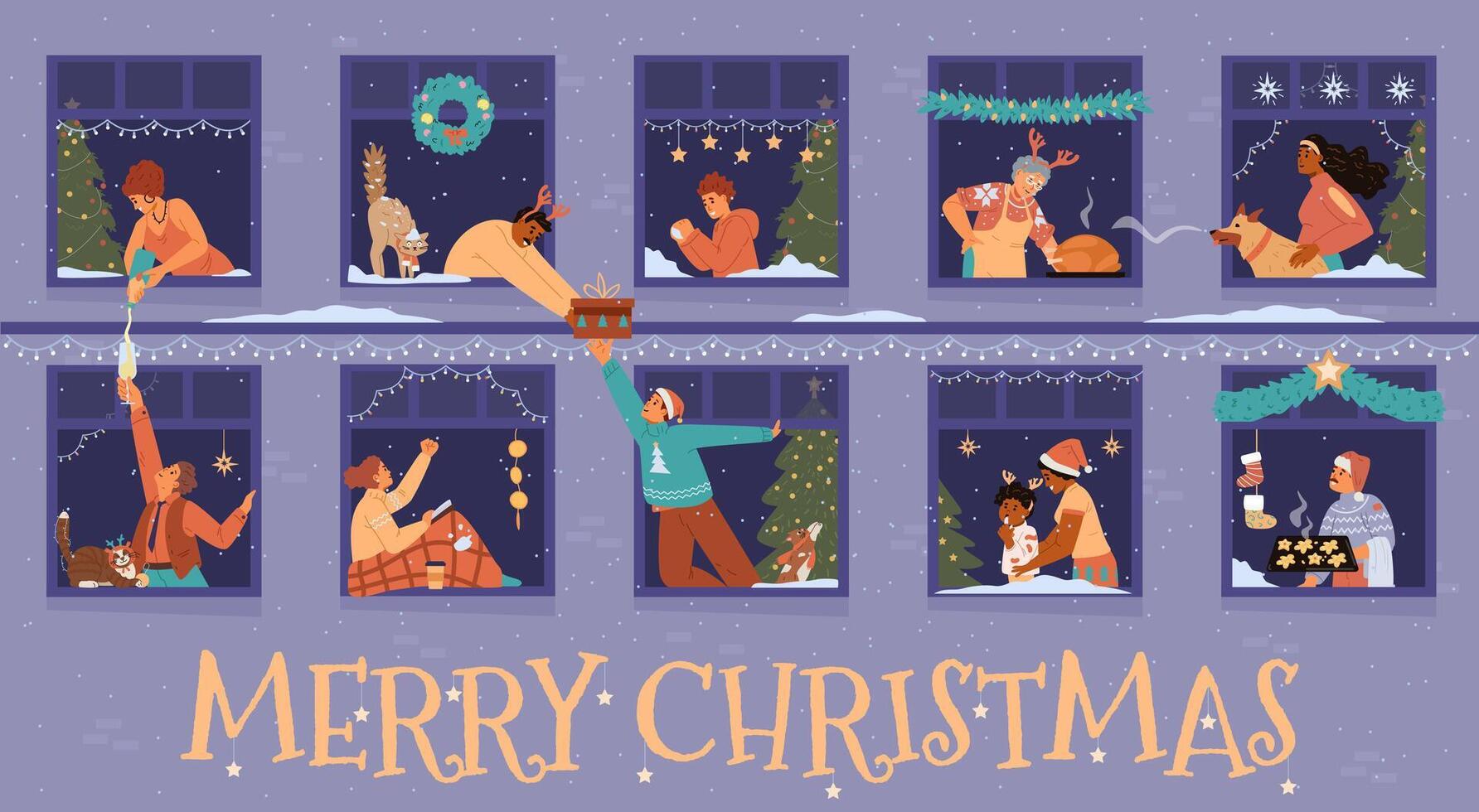 Merry Christmas banner with people in windows celebrating flat illustrations. House front with neighbors and their pets in windows communicating. Pouring champagne, giving gift, reading book, cooking vector