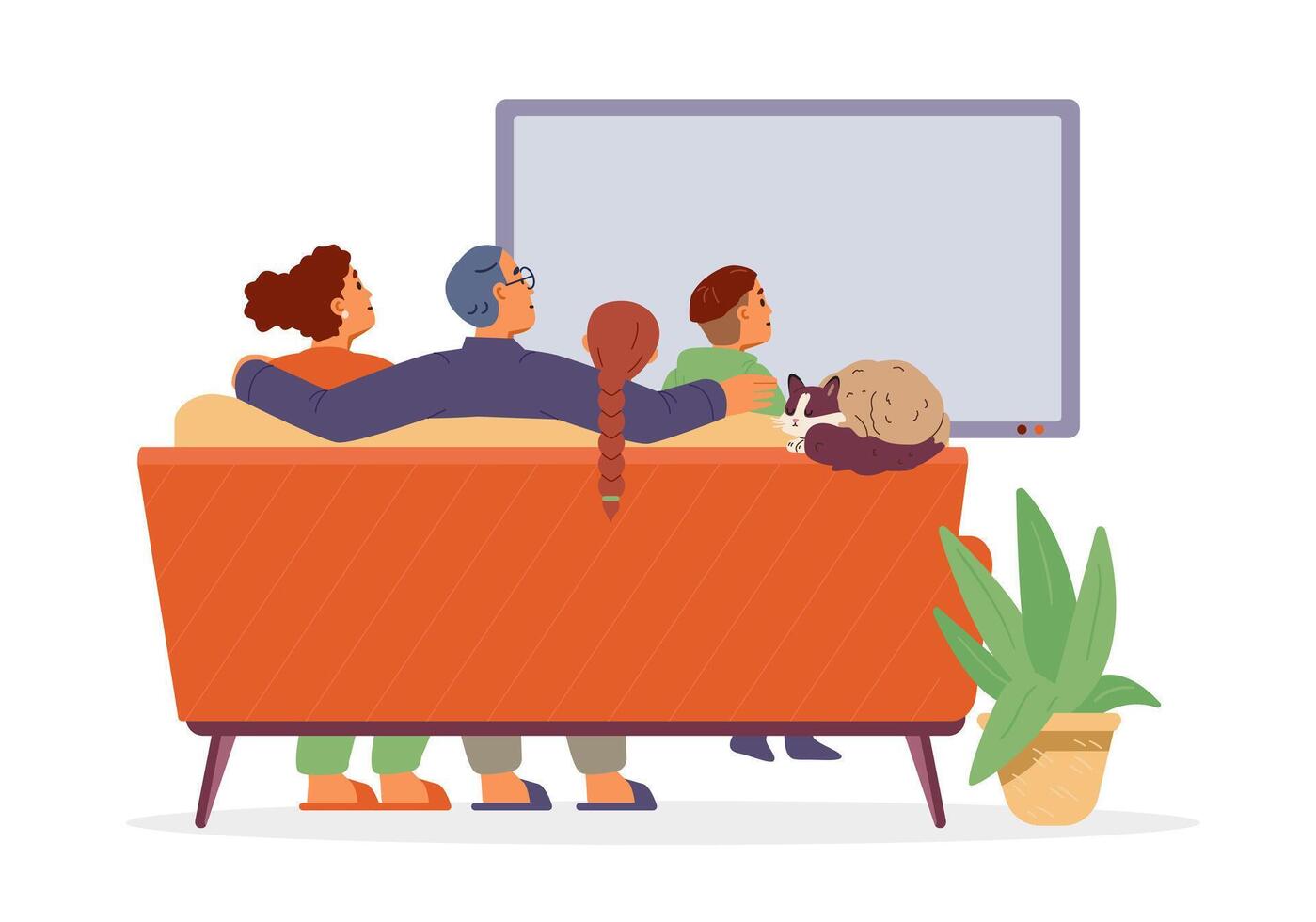 Family with a cat sitting on the couch watching news on TV flat illustration isolated on white. View from the back. vector