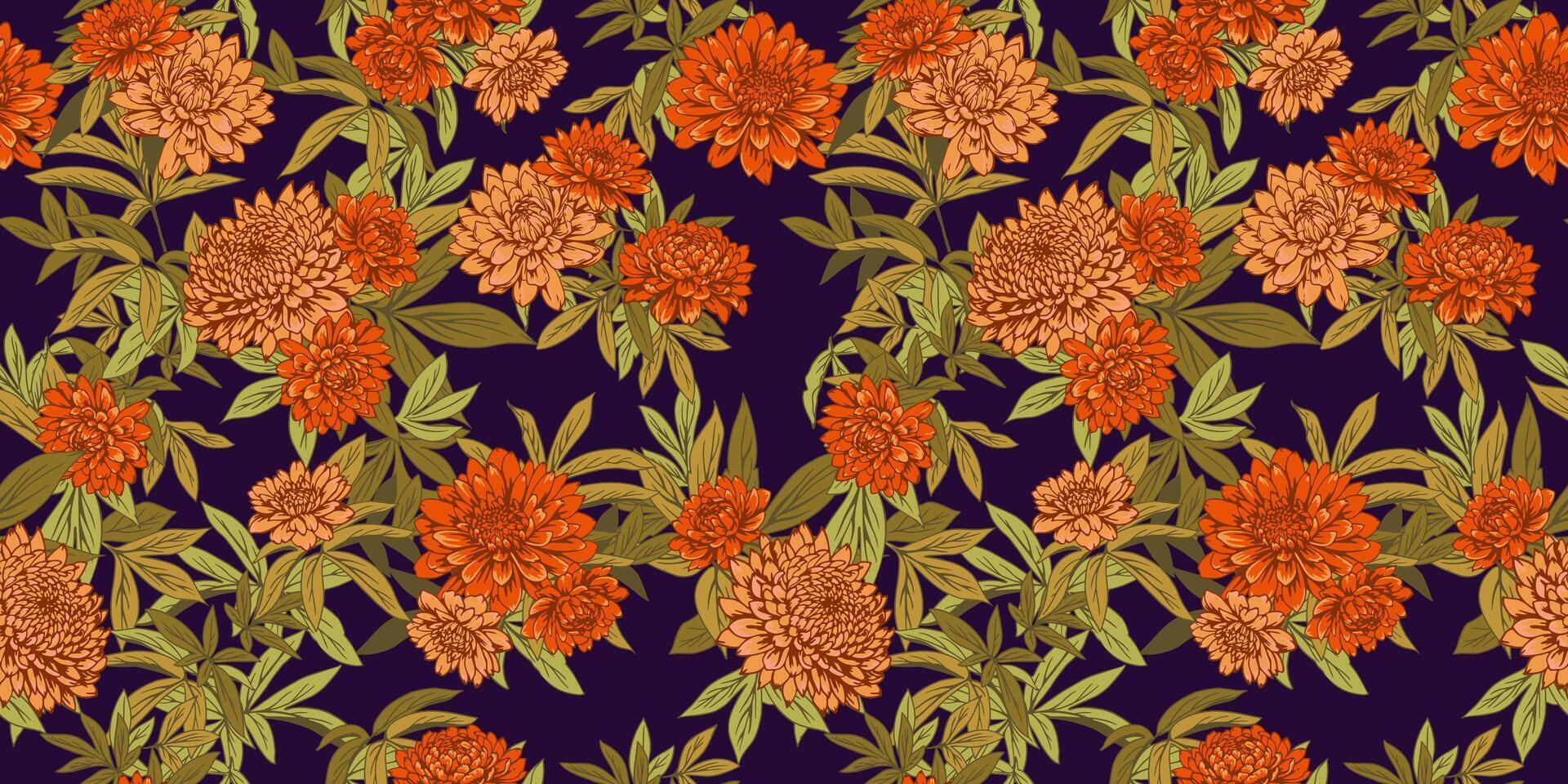 Saturated seamless floral pattern. Abstract artistic flowers and leaf print on dark background. drawn illustration botanical. Nature ornament for designs, wallpaper, fabric, fashion, textiles vector