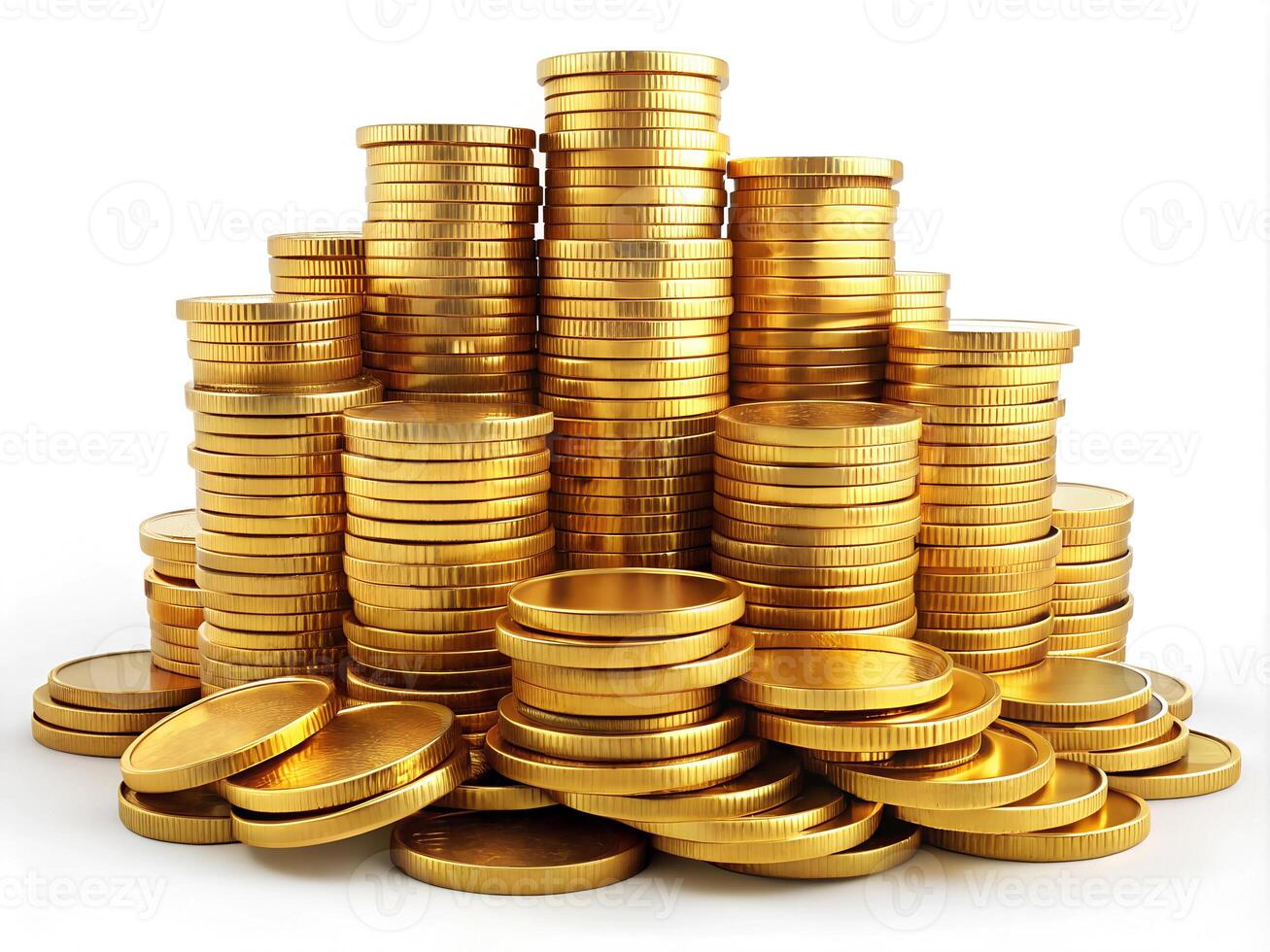 Detailed Pile of Gold Coins Isolated on White. photo