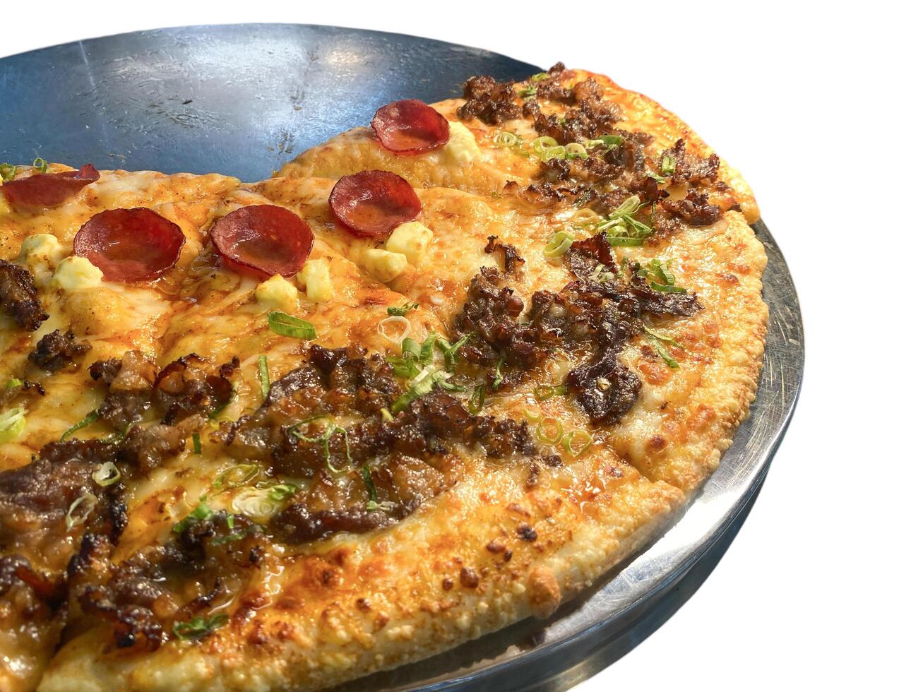pizza with toppings on a pan photo