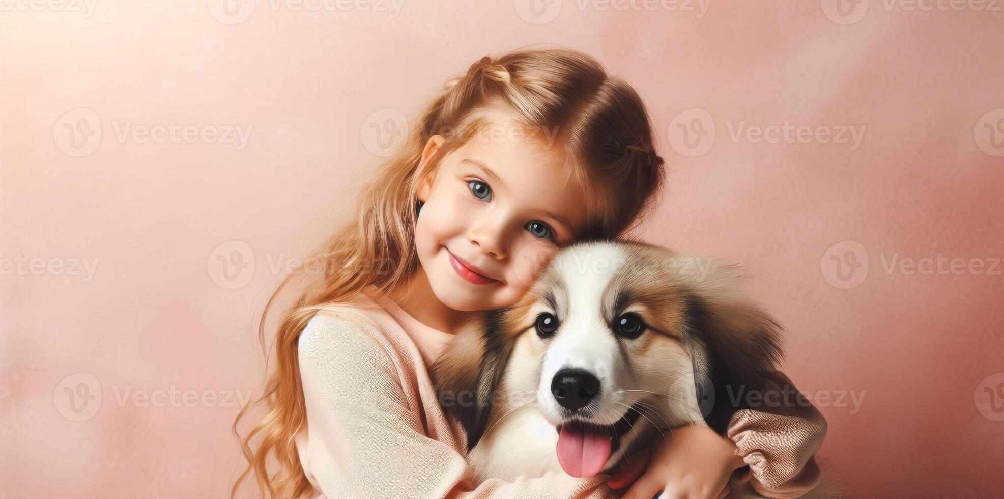 Little girl hugging a fluffy dog against a soft pink background. Studio portrait of a child and pet showing love and friendship photo