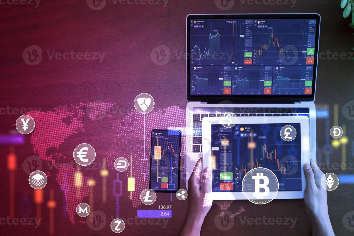 Businessman using online gadgets to invest in futuristic stock market. Crypto currency coin. International stock exchange. photo