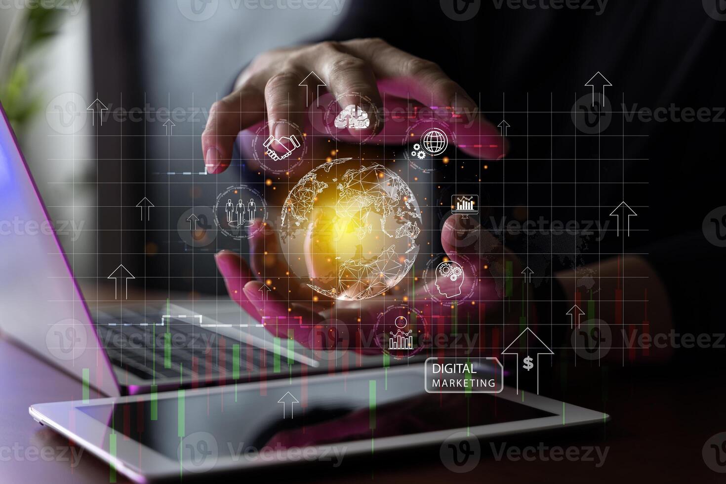 Digital online marketing Businessman using tablet and analyzing sales data graph growth on modern interface icon on strategy photo