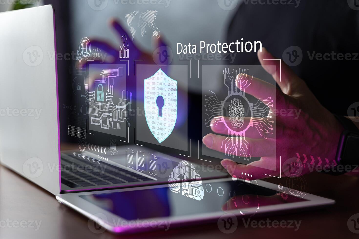 Internet Technology, cyber security digital crime concept. Data protection from hackers. Network security system. Personal Data information on Tablet. photo
