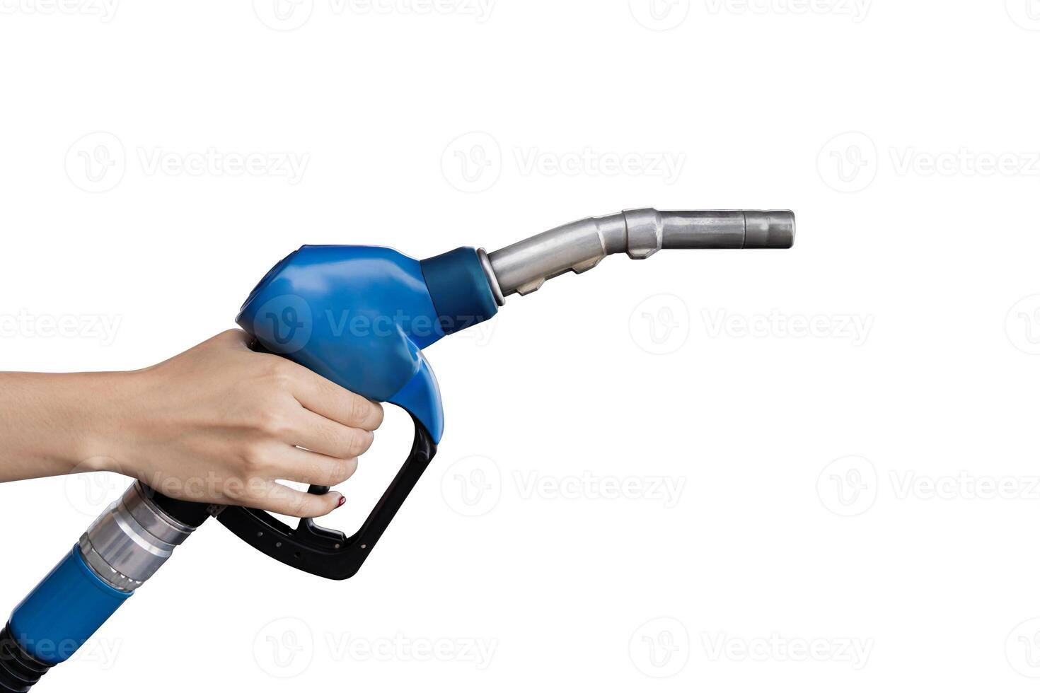 Left hand of a woman holding a blue auto injector for refueling isolated on white background photo