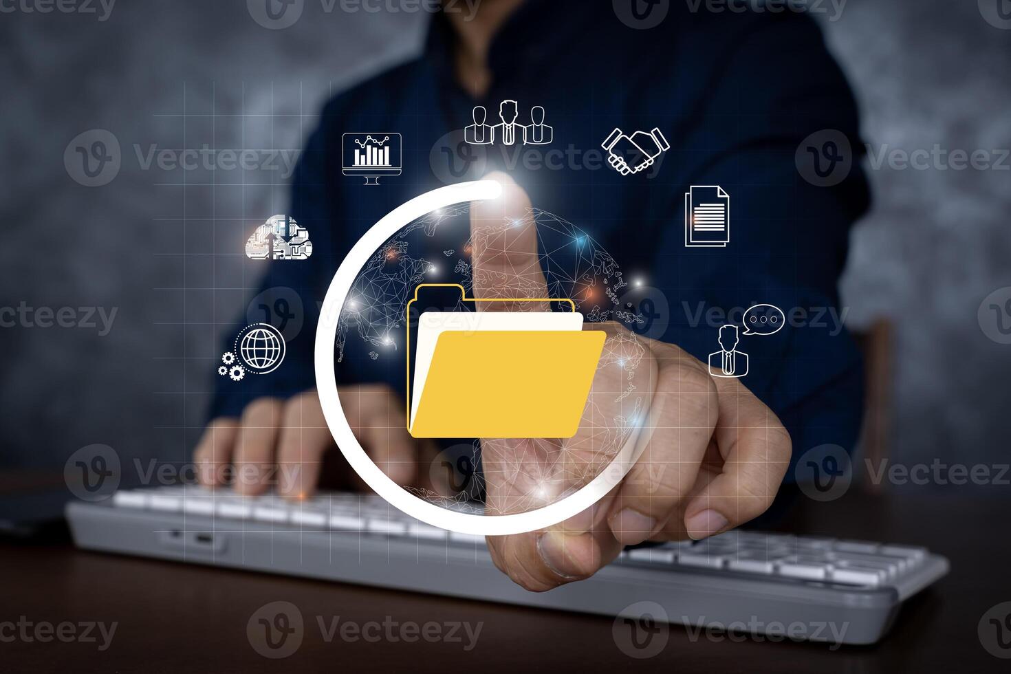 Businessman with Document Management System DMS Online Document Database and automated processes in file management Search. photo