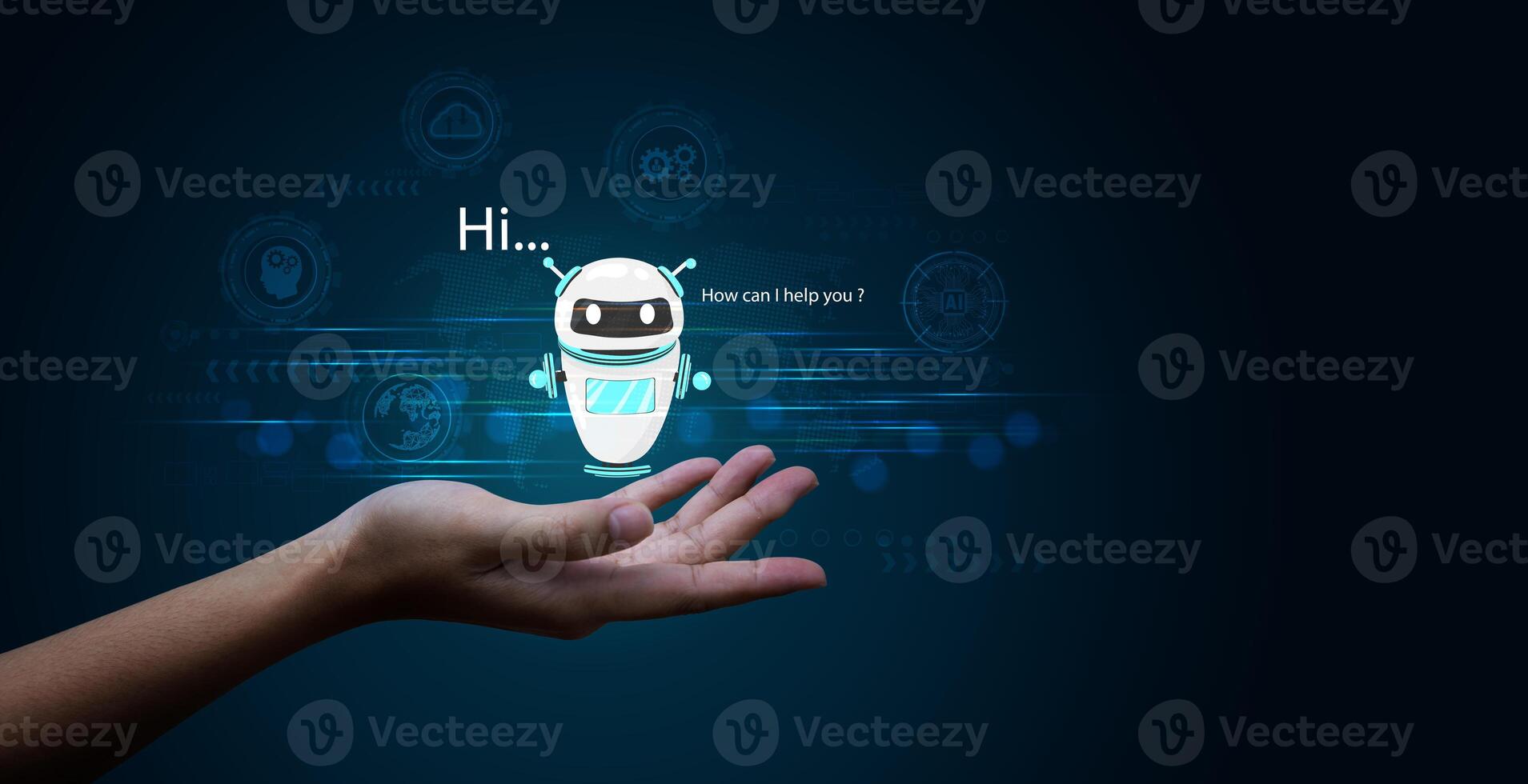 Hand touch Digital chatbot to access information and data in the online network. Robot Applications and Global Connectivity AI. photo