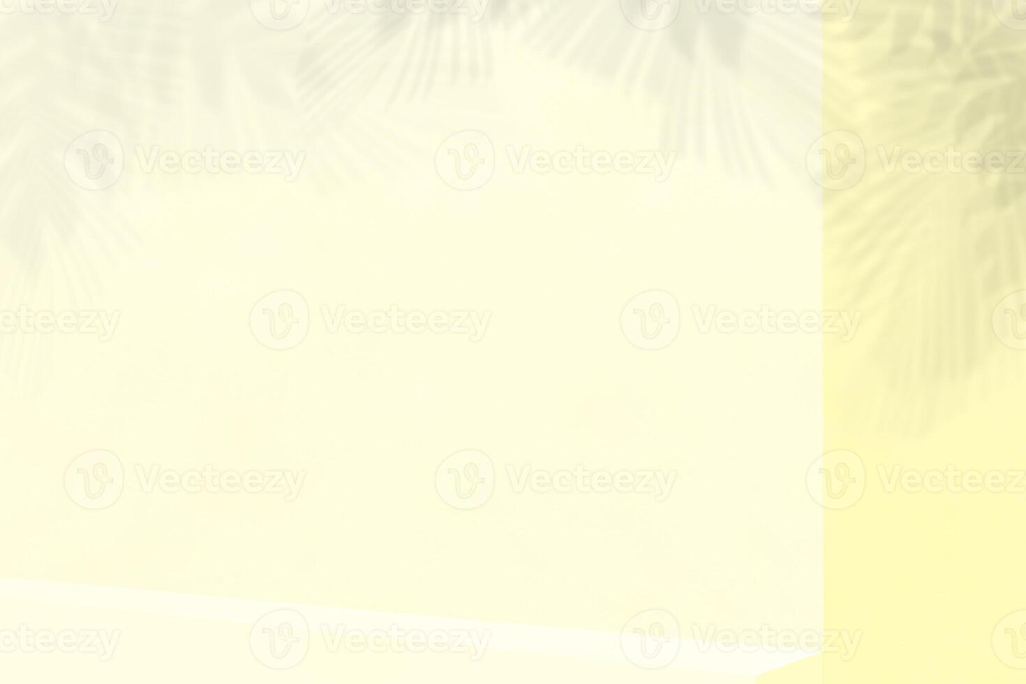 Empty table on pastel yellow wall background. Composition with monsters cast shadow on the wall. Mock up for presentation. photo