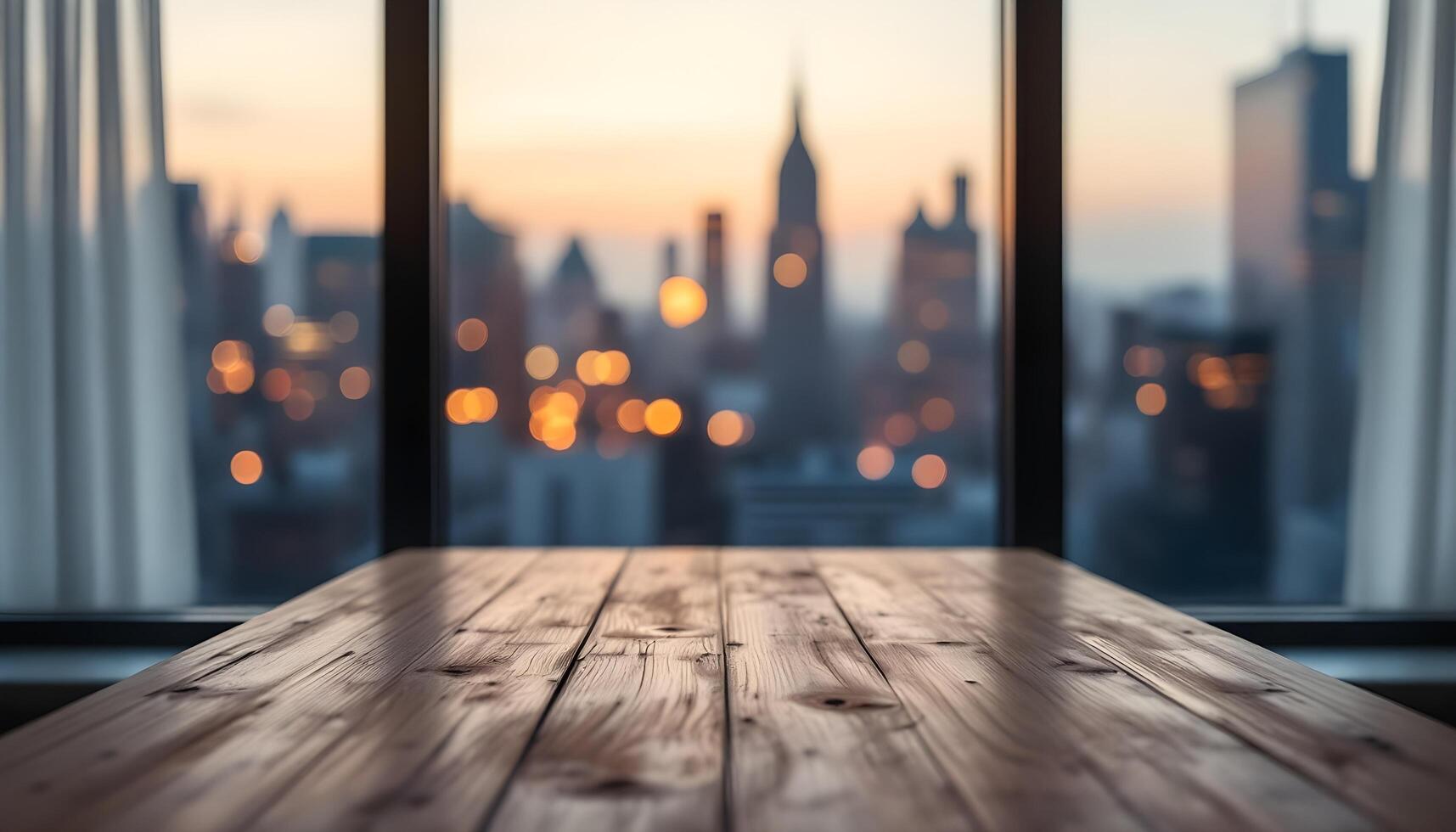 Wooden table in front of window with cityscape in background photo