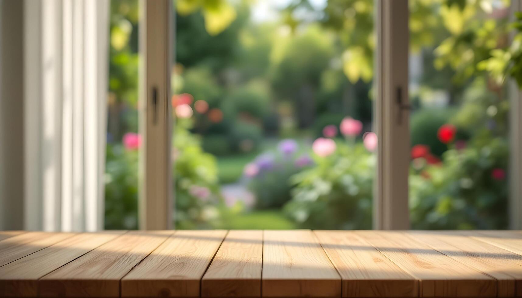 An empty table in front of a window with flowers photo