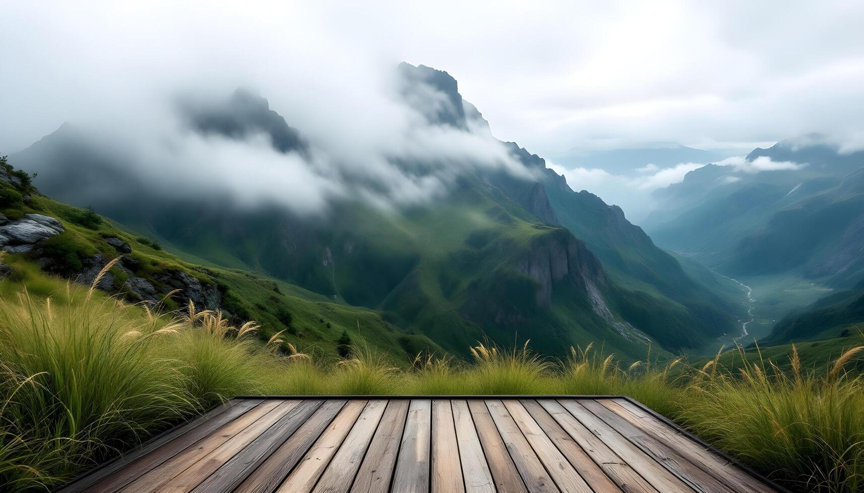 Wooden floor in the mountains with clouds and grass photo